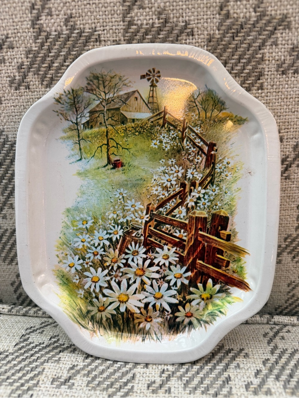 Vintage Nevco Prairie Tin Tray-Farmhouse Daisy-Trinket Catchall-Cottagecore